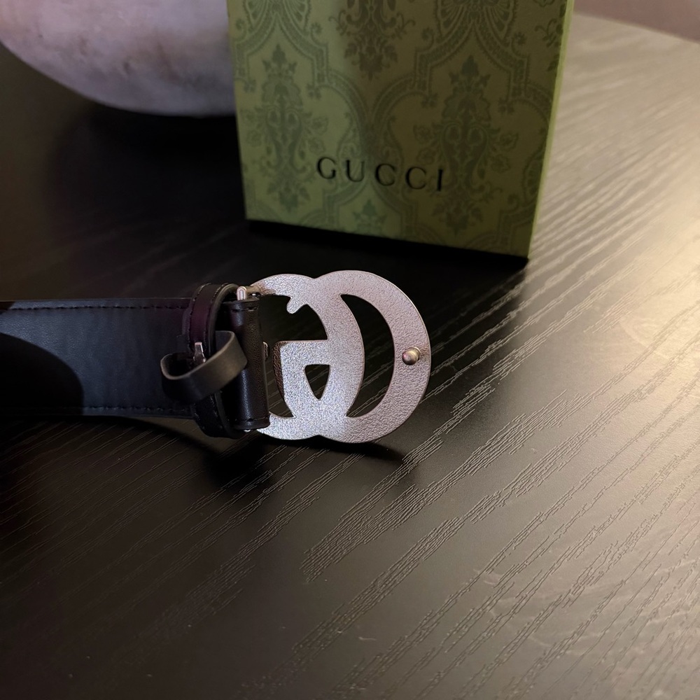 Gucci Belt Black With Silver GG Marmont Wide Belt With Shiny Buckle Men Size 130 - Picture 3 of 6